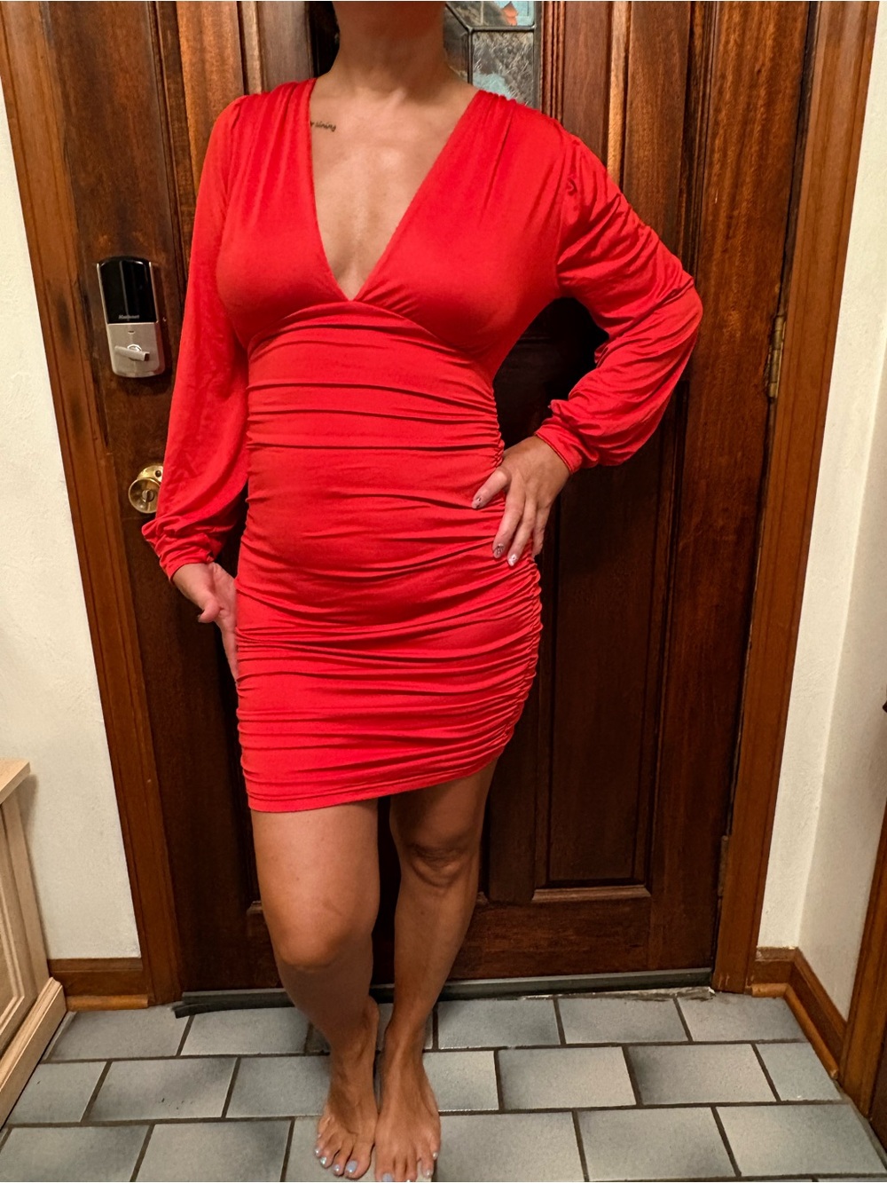 Red Ruched V-Neck Long Sleeve Dress